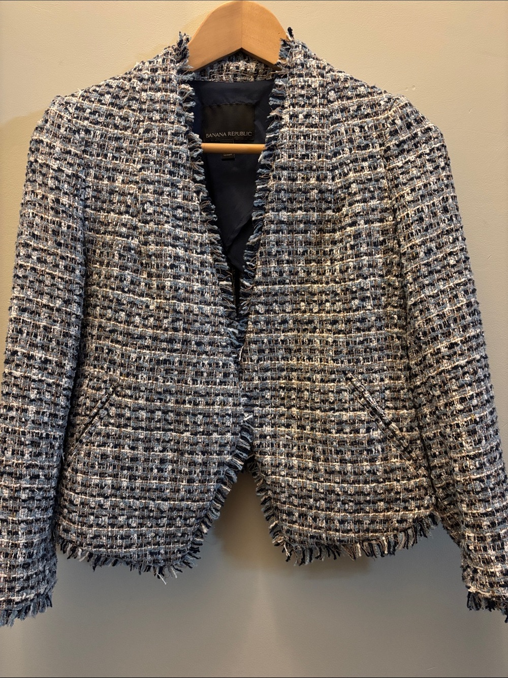 Banana Republic Navy & White Tweed Fringed Jacket